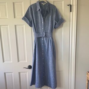 Boden Chambray Blue Linen Belted Midi Dress